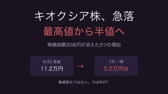 キオクシア株が最高値から半値に急落、何が起きたのか？3つの理由を整理