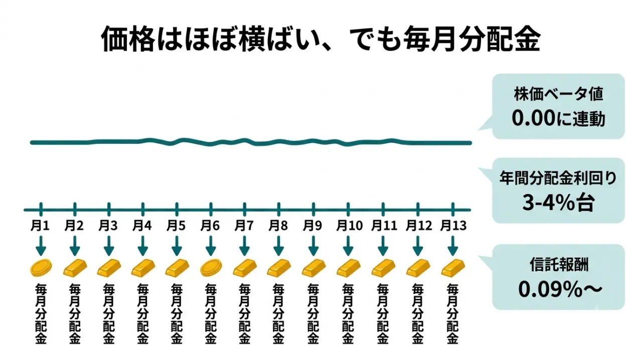SGOVとBILは価格がほぼ横ばいのまま、毎月分配金が積み上がるイメージ図