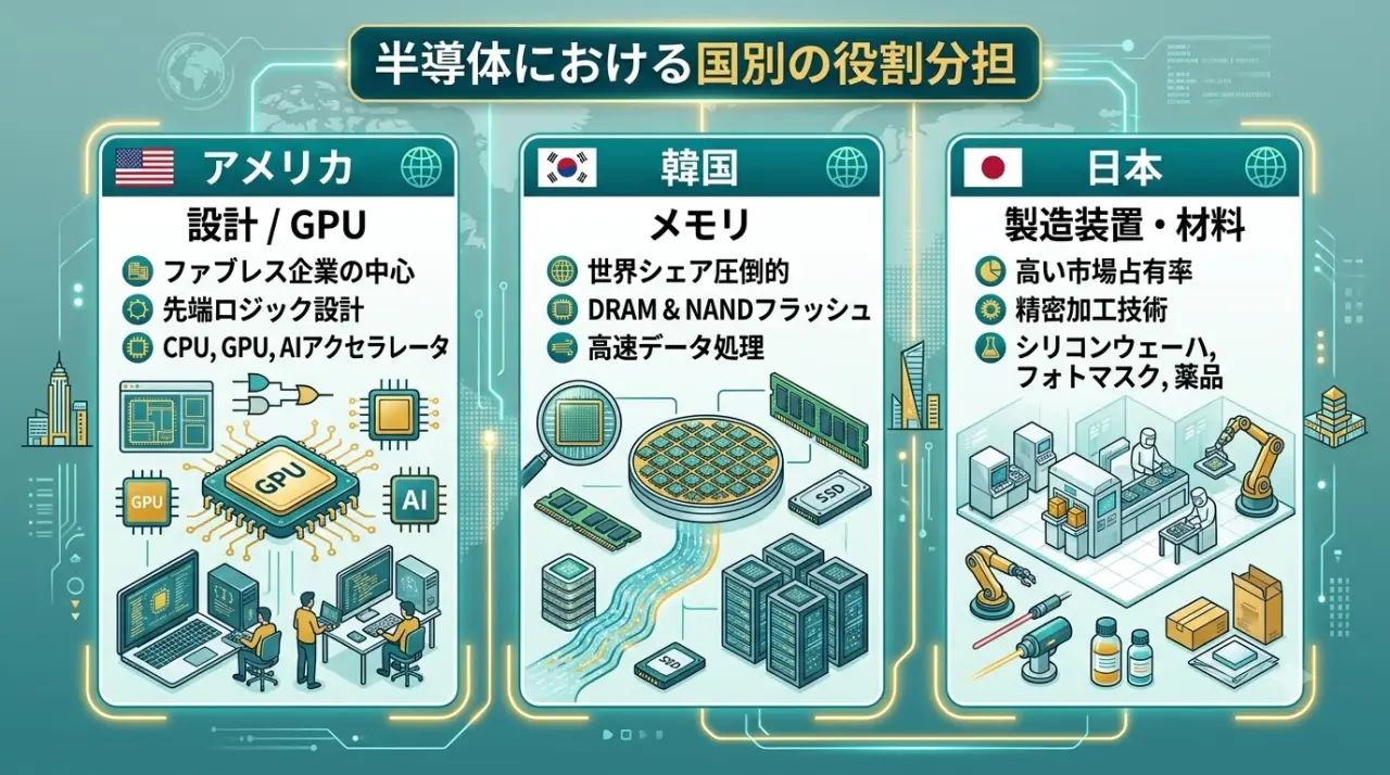 半導体の役割分担。米国は設計・GPU、韓国はメモリ、日本は製造装置が強い