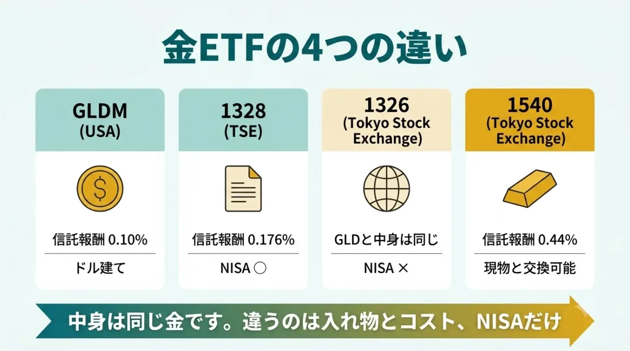 金ETF GLD・1326・1540・1328の器とコスト・NISA対象の違いを示した図解